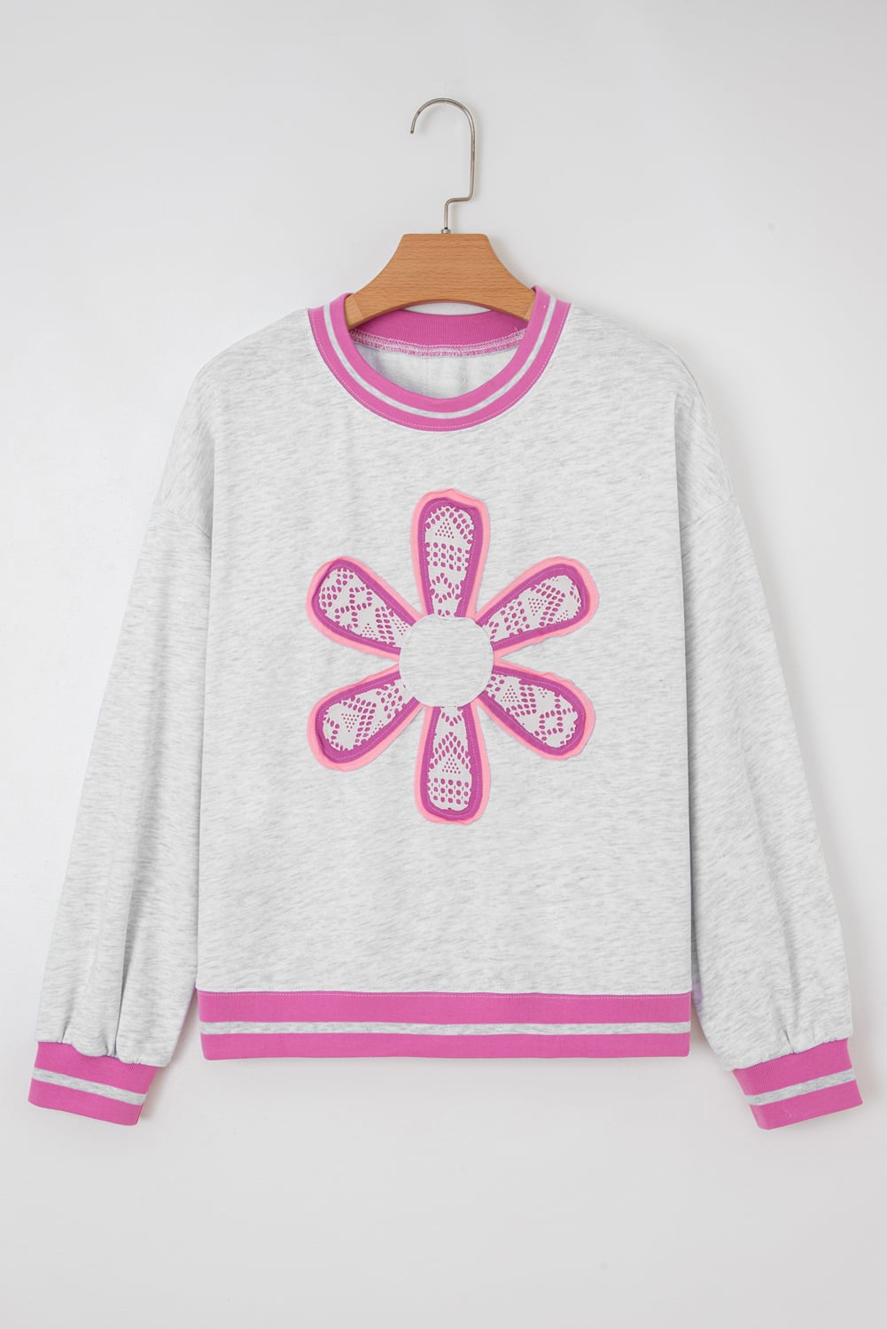 Gray Flower Patch Contrast Trim Crew Neck Sweatshirt