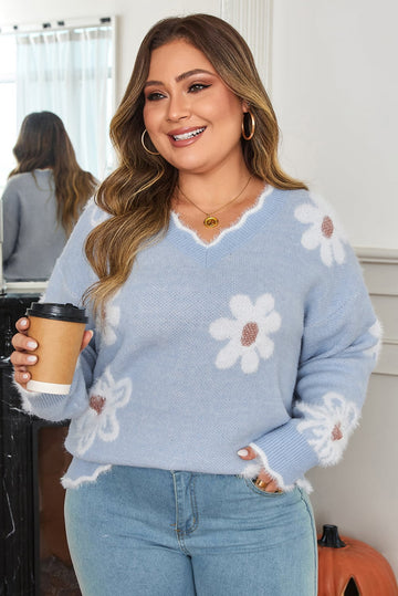 Gray Fuzzy Flower Scalloped V Neck Plus Sweater