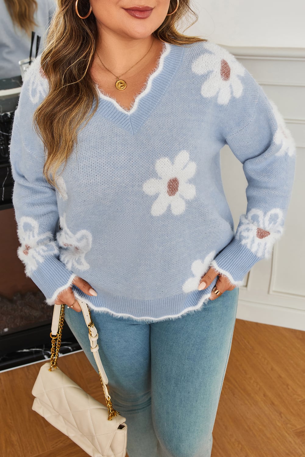 Gray Fuzzy Flower Scalloped V Neck Plus Sweater