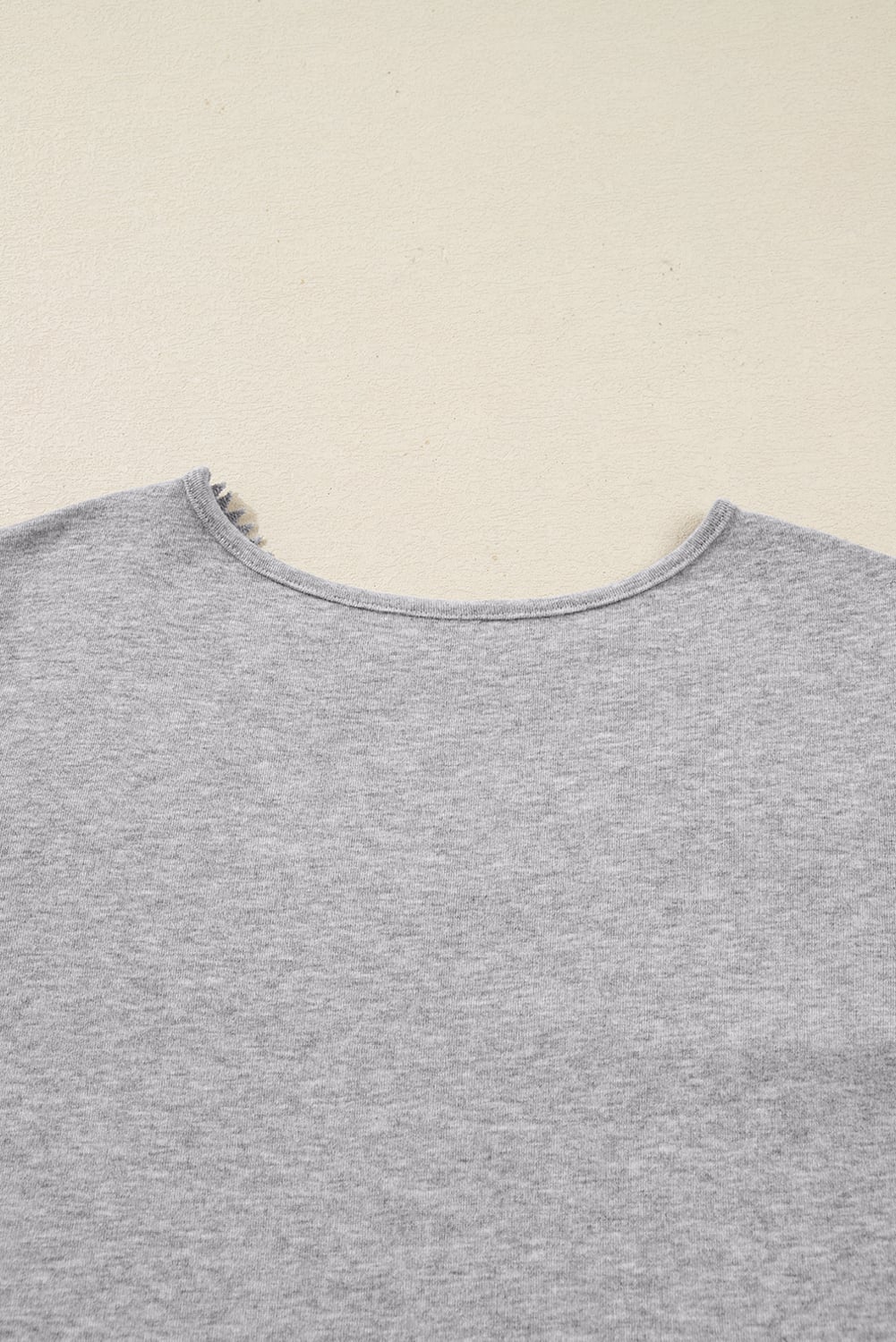 Gray Hollowed Lace Ribbed Knit Long Sleeve Patchwork Top