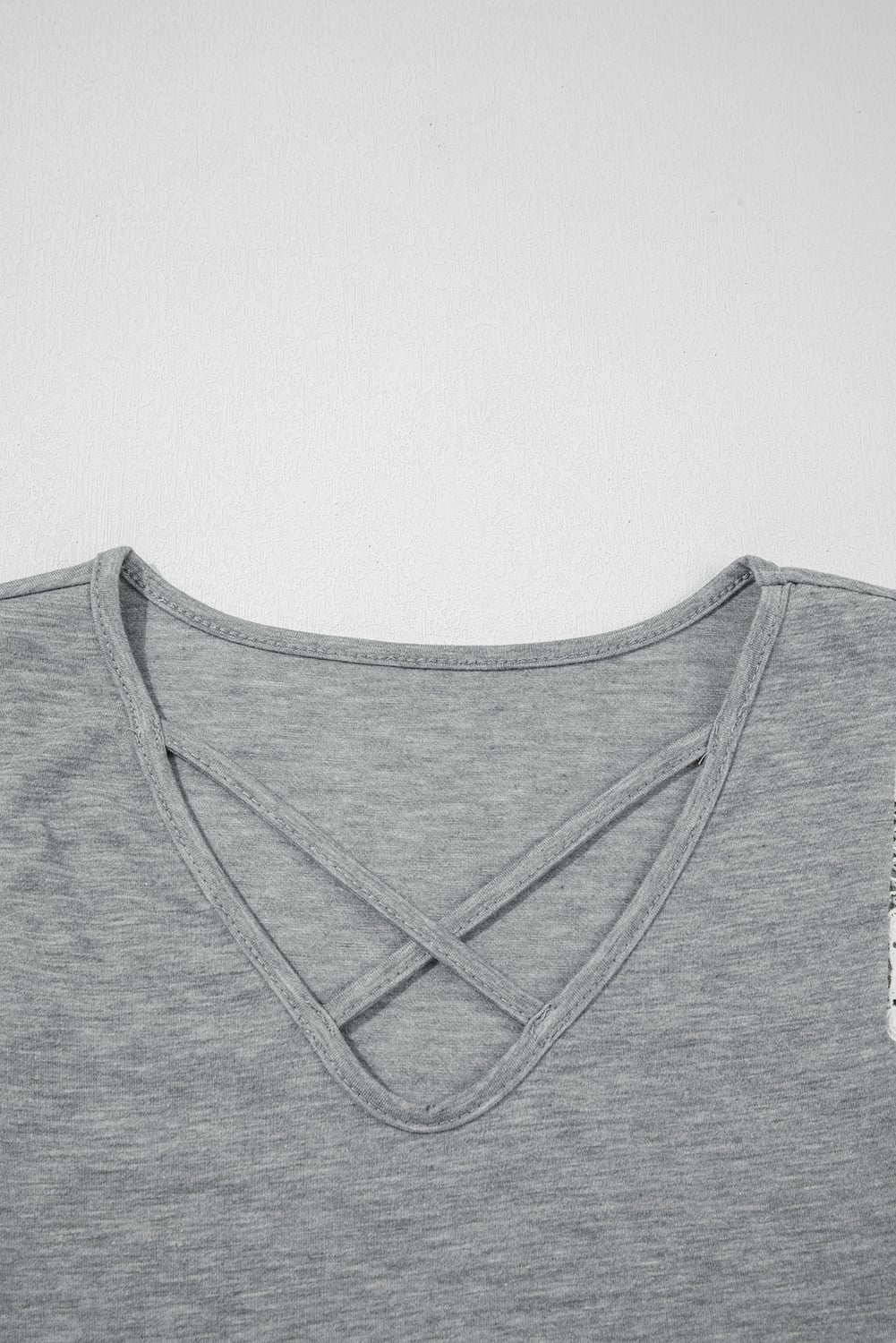 Gray Lace Patchwork Criss Cross V Neck Tank Top