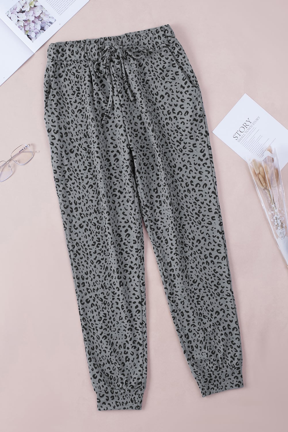 Gray Leopard Elastic Waist Casual Joggers