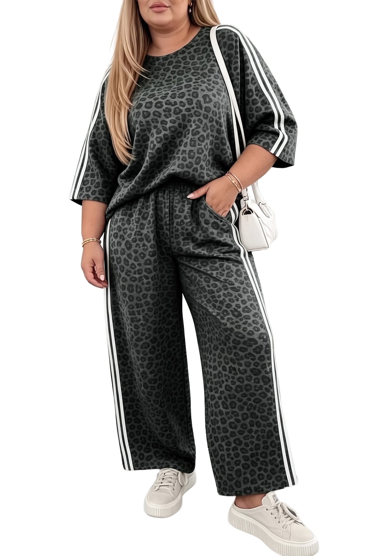 Gray Leopard Print Bracelet Sleeve Top Plus Size Loose Pants Set