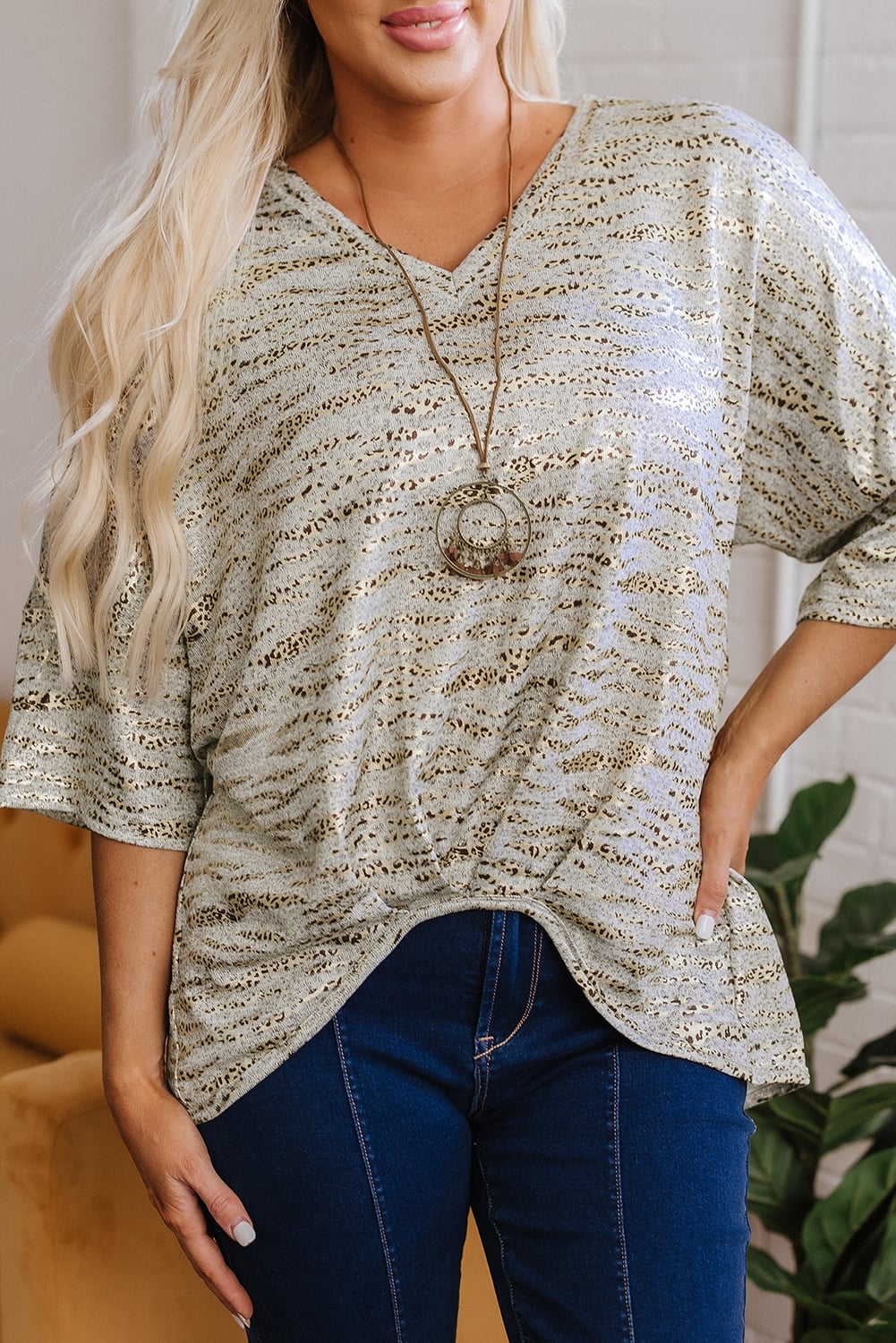 Gray Leopard Print Half Sleeve V Neck Loose Fit T Shirt