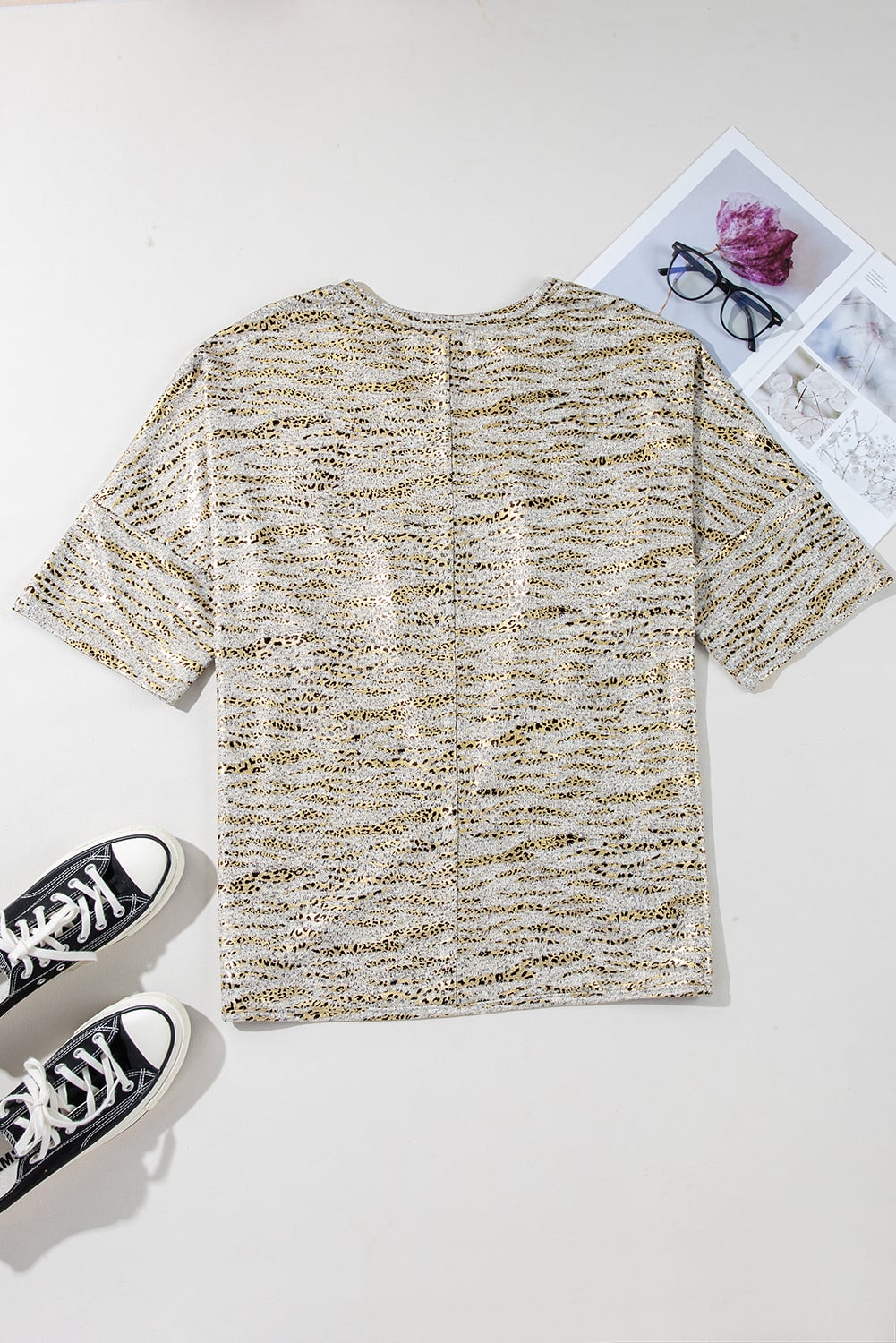 Gray Leopard Print Half Sleeve V Neck Loose Fit T Shirt