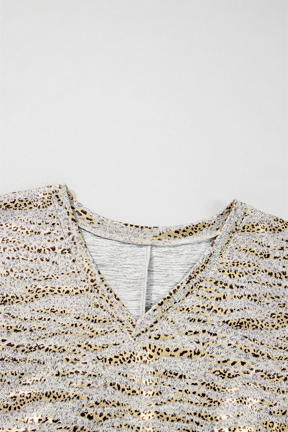 Gray Leopard Print Half Sleeve V Neck Loose Fit T Shirt