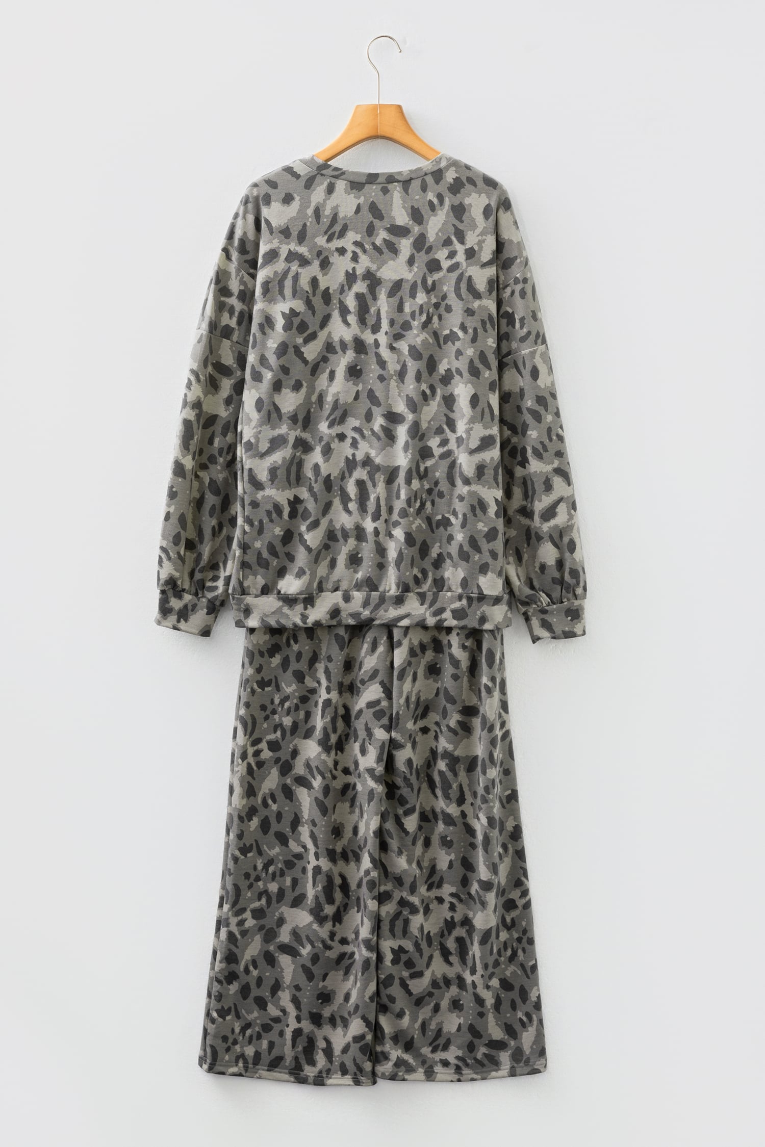 Gray Leopard Print Raw Seam Patchwork Pullover Drawstring Loose Pant Set