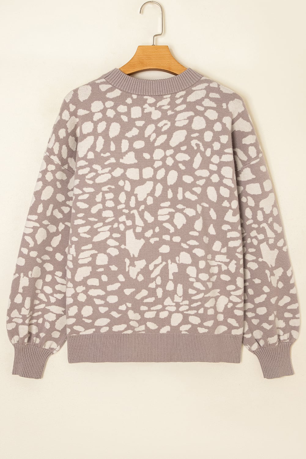 Gray Leopard Spots Pattern Ribbed Trim Drop Shoulder Sweater