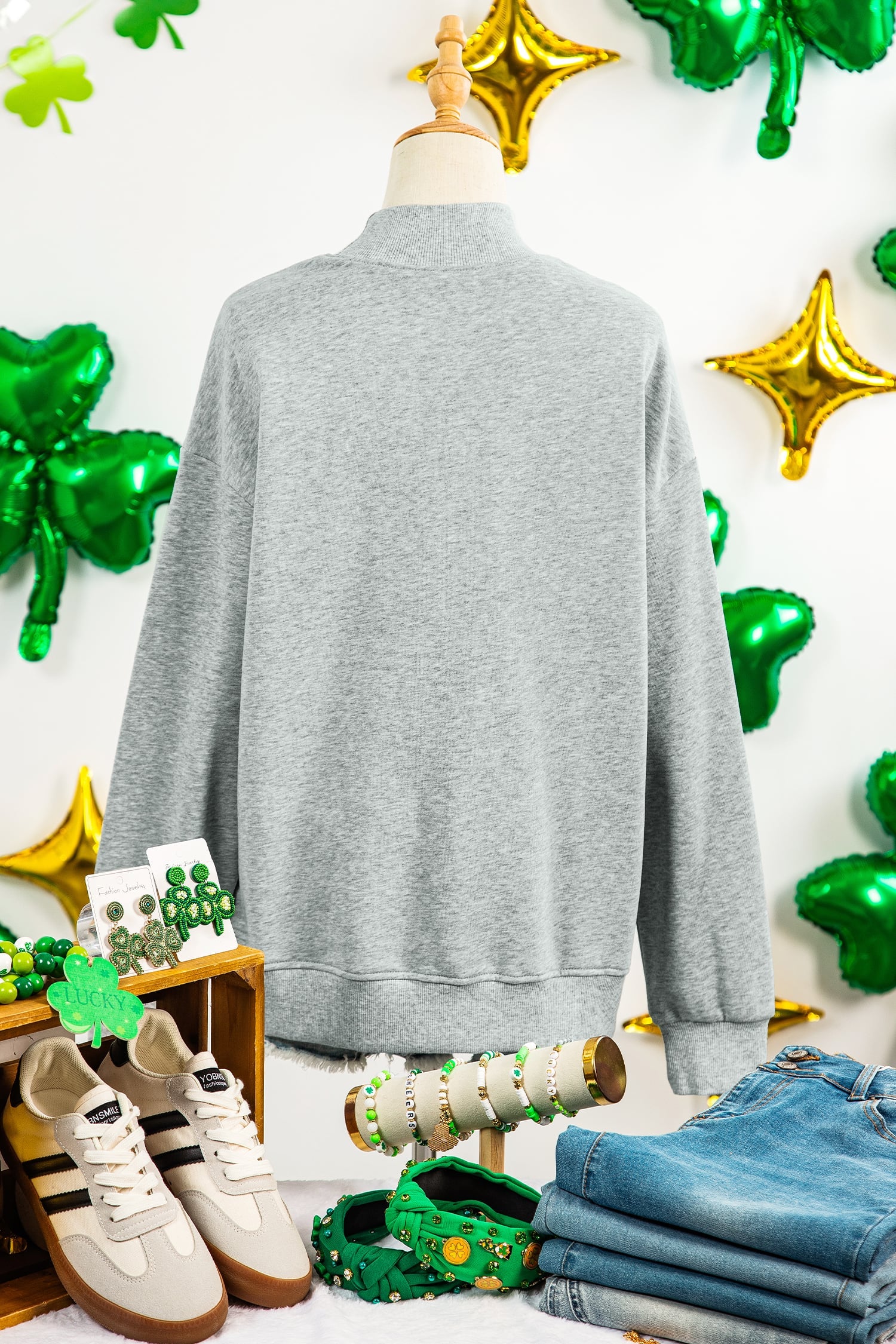 Gray Lucky Clover Sequin Graphic Mock Neck Sweatshirt