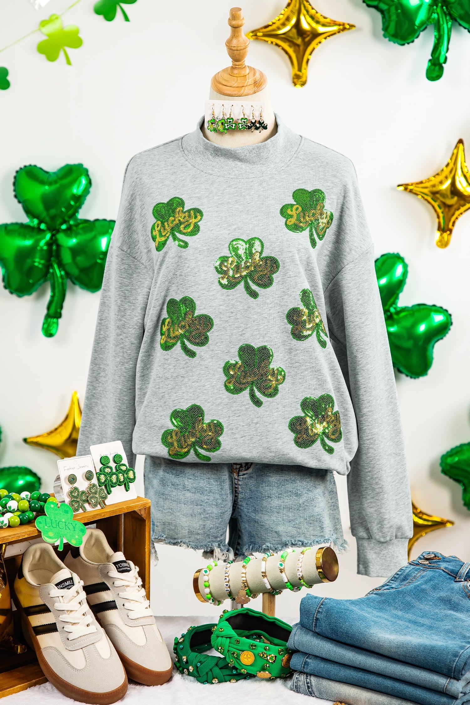 Gray Lucky Clover Sequin Graphic Mock Neck Sweatshirt