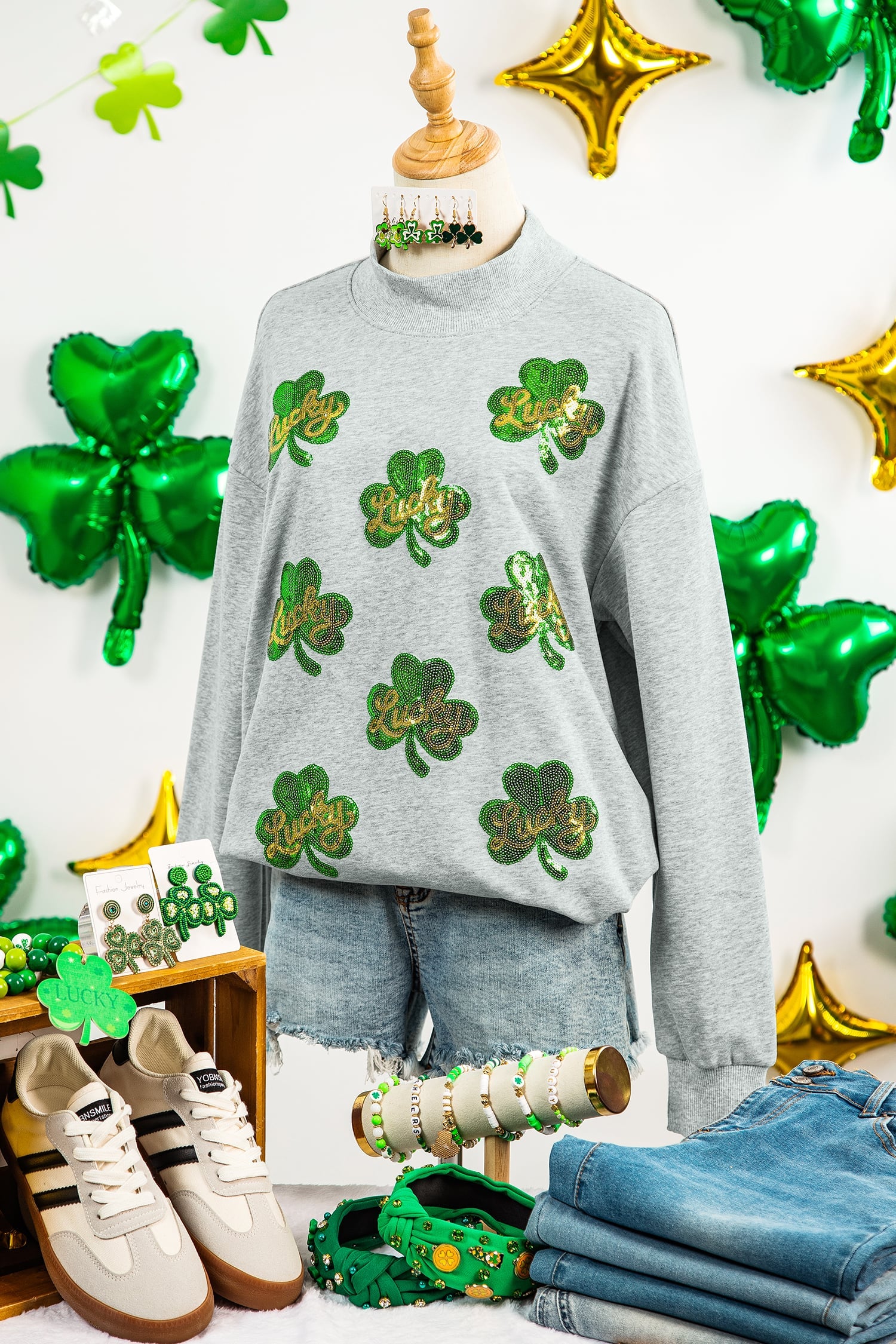 Gray Lucky Clover Sequin Graphic Mock Neck Sweatshirt