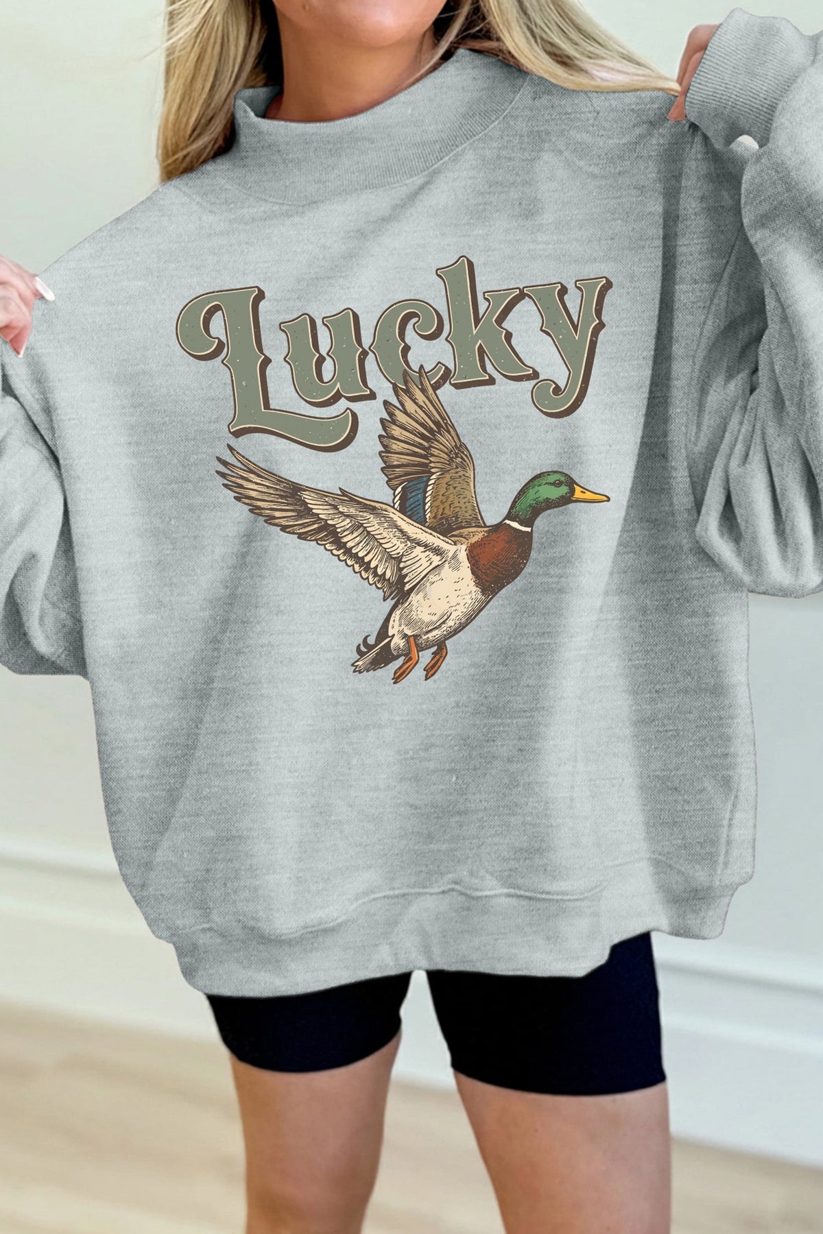 Gray Lucky Mallard Graphic Mock Neck Casual Pullover Sweatshirt