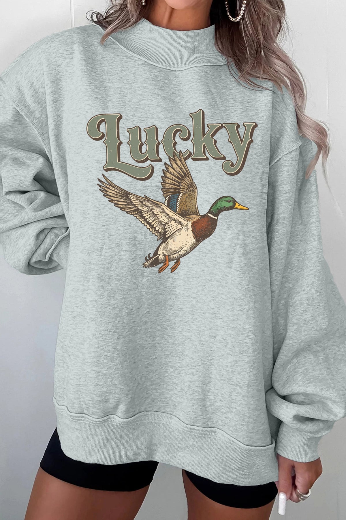Gray Lucky Mallard Graphic Mock Neck Casual Pullover Sweatshirt