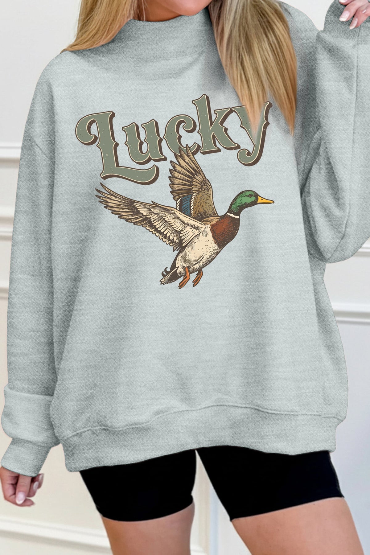 Gray Lucky Mallard Graphic Mock Neck Casual Pullover Sweatshirt