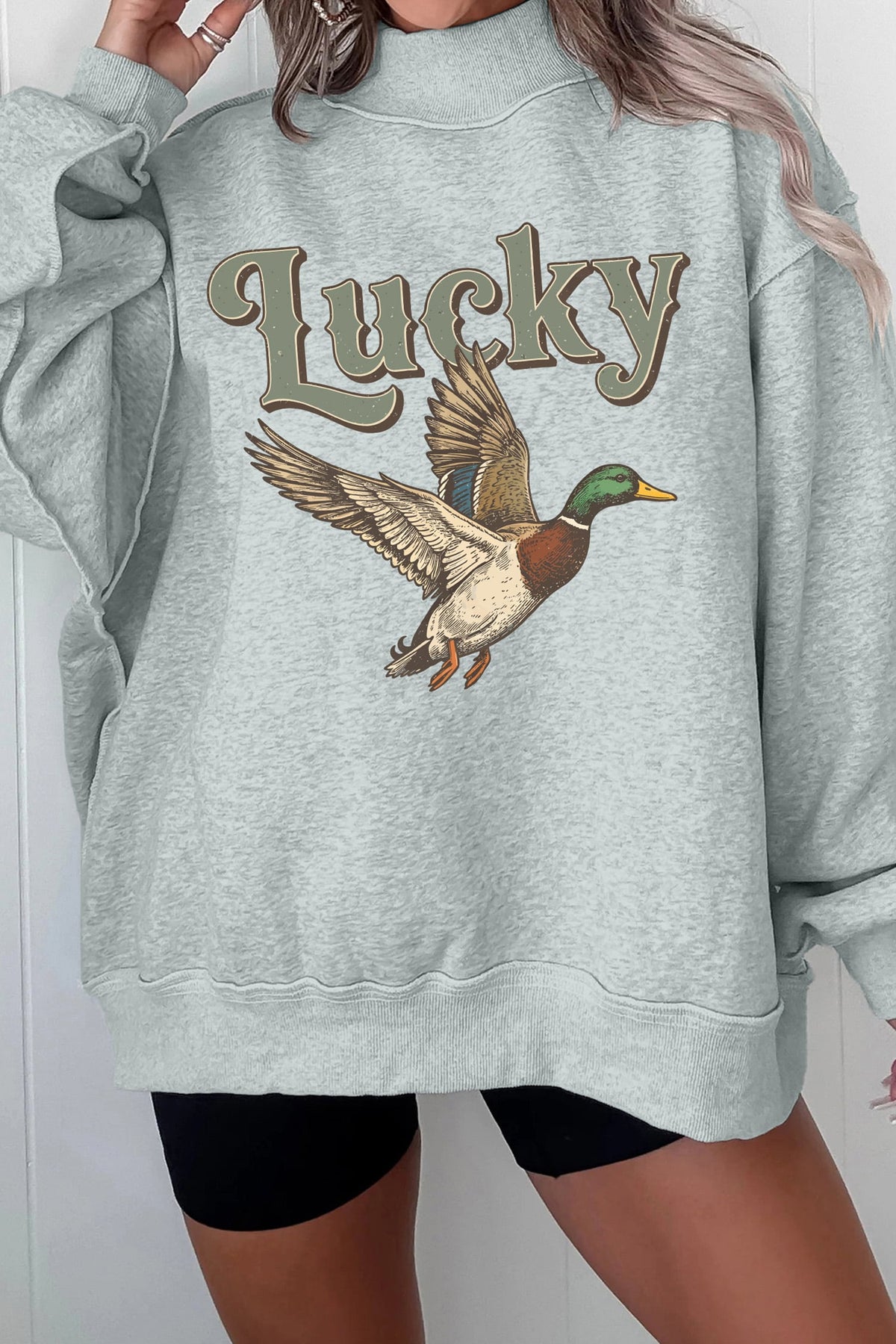 Gray Lucky Mallard Graphic Mock Neck Casual Pullover Sweatshirt