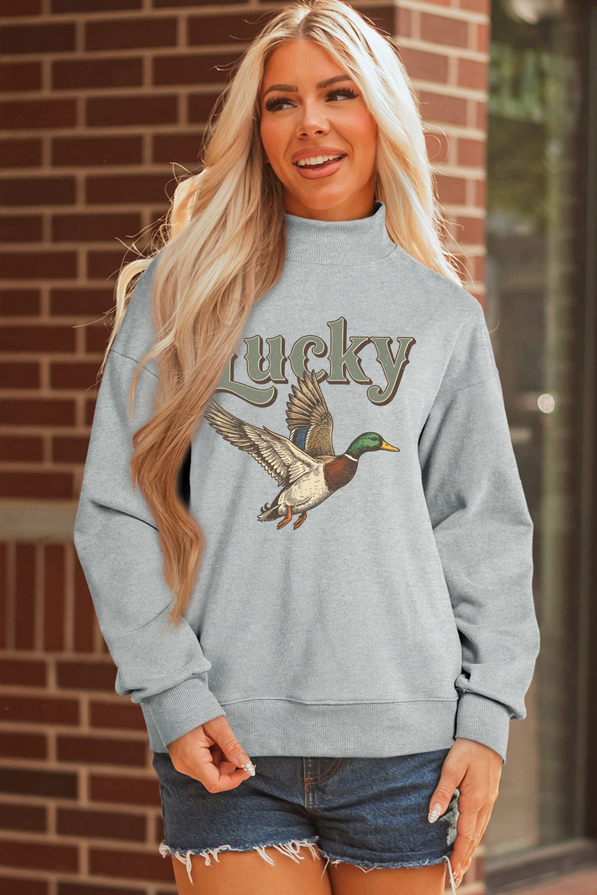 Gray Lucky Mallard Graphic Mock Neck Casual Pullover Sweatshirt