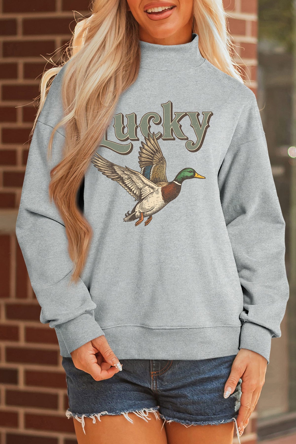 Gray Lucky Mallard Graphic Mock Neck Casual Pullover Sweatshirt