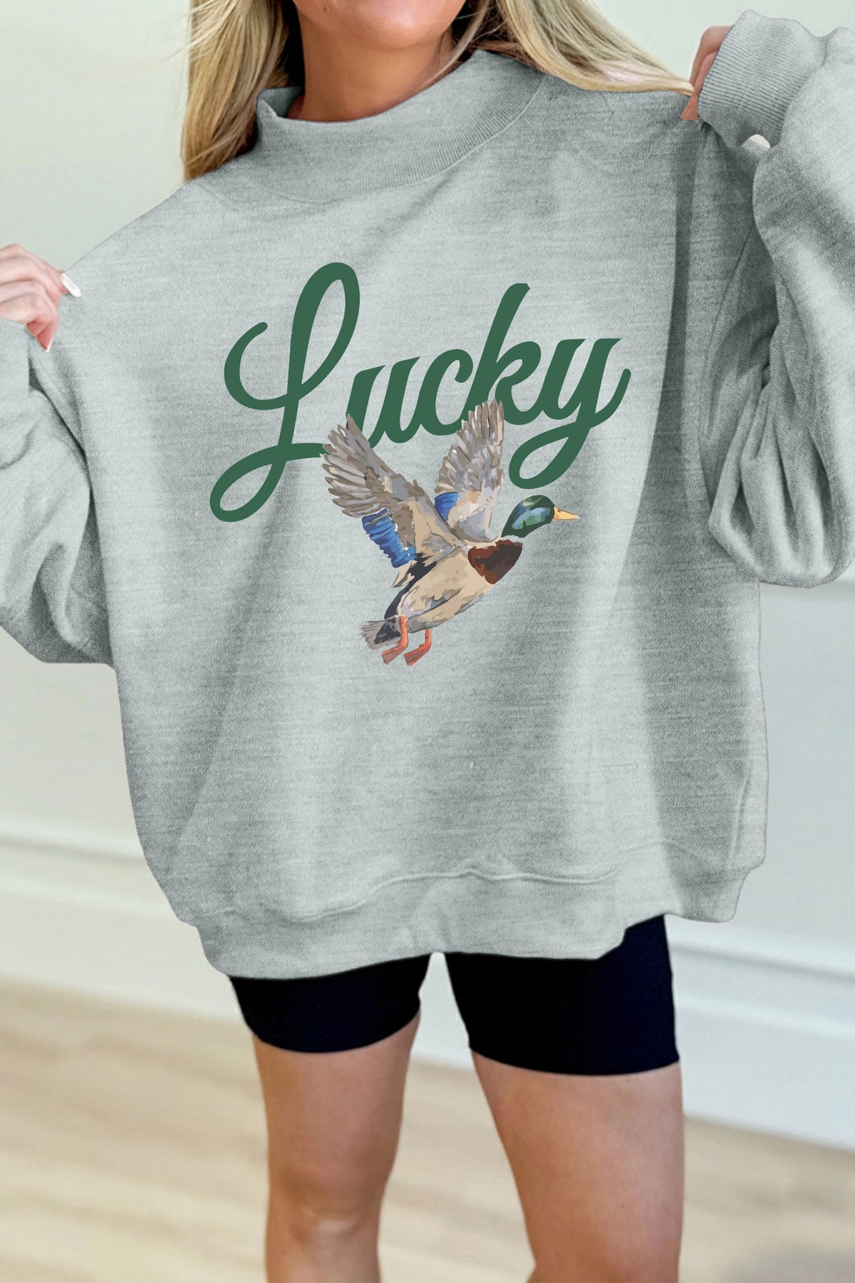 Gray Lucky Mallard Print Mock Neck Casual Pullover Sweatshirt