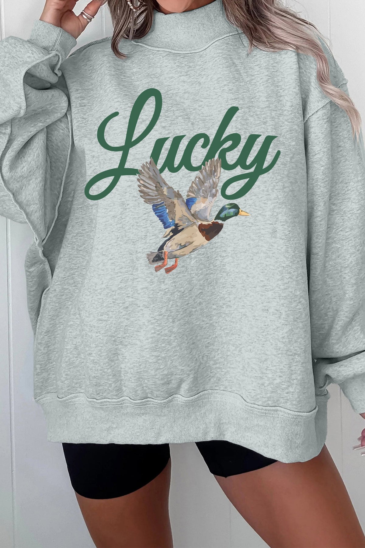 Gray Lucky Mallard Print Mock Neck Casual Pullover Sweatshirt