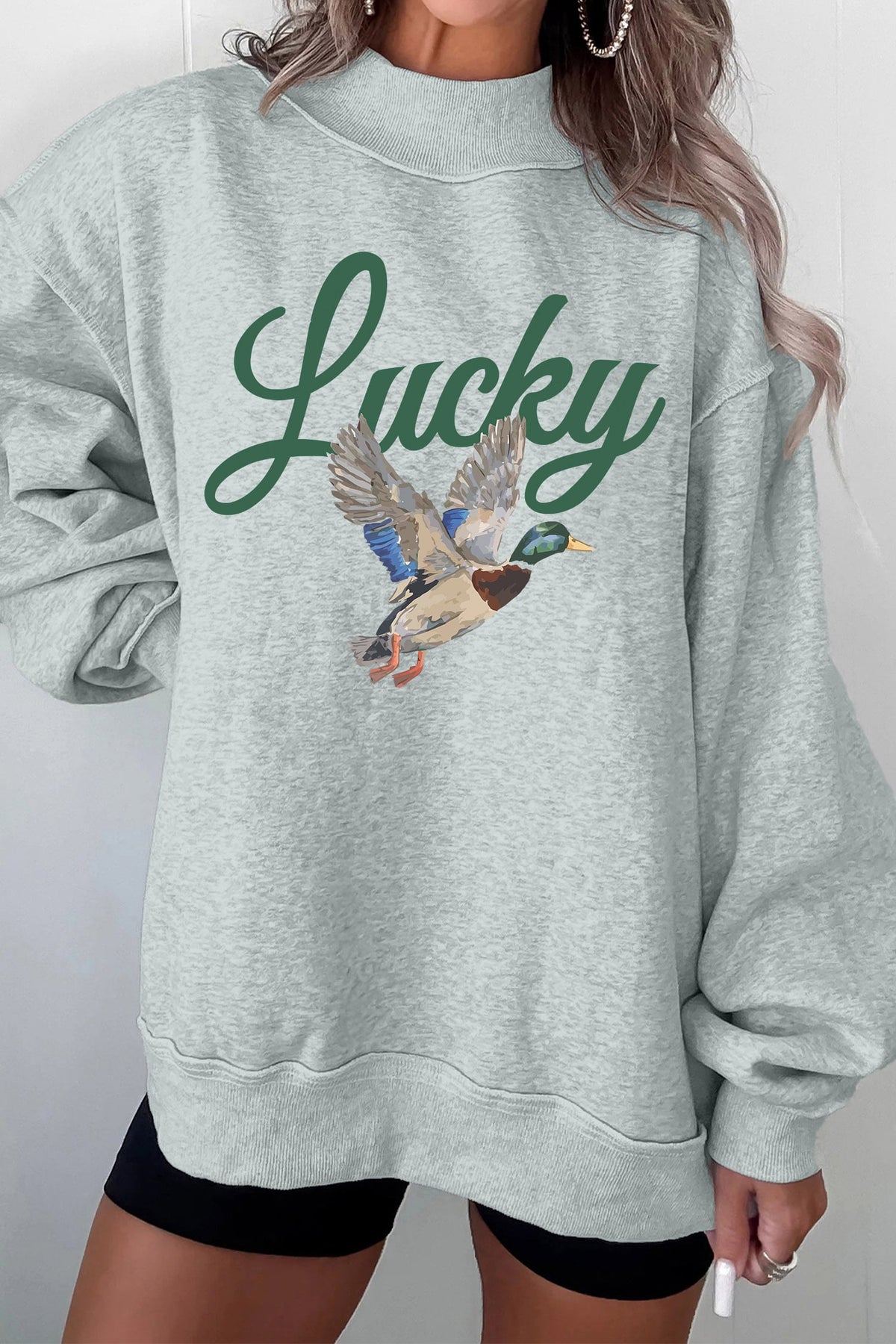 Gray Lucky Mallard Print Mock Neck Casual Pullover Sweatshirt