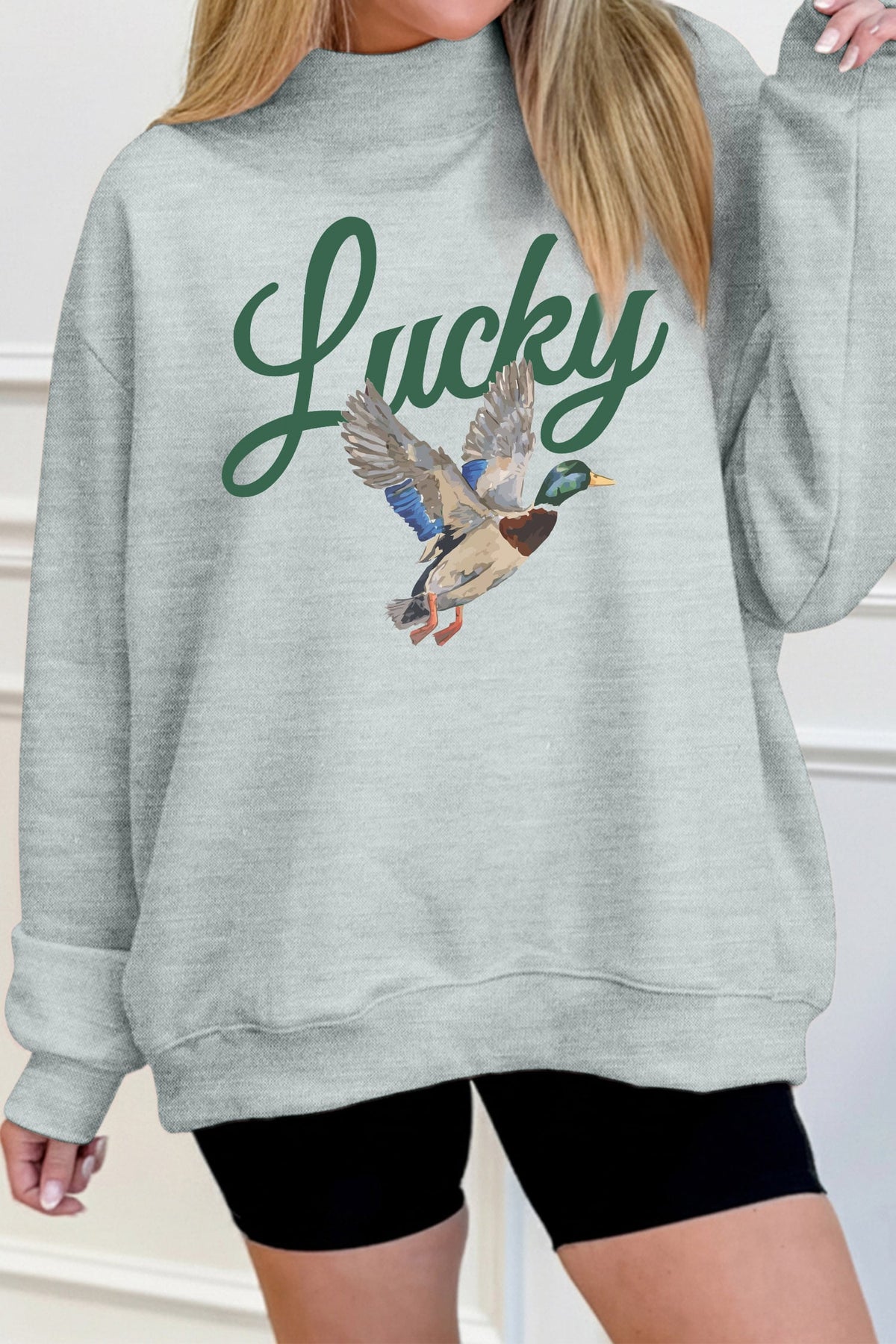 Gray Lucky Mallard Print Mock Neck Casual Pullover Sweatshirt