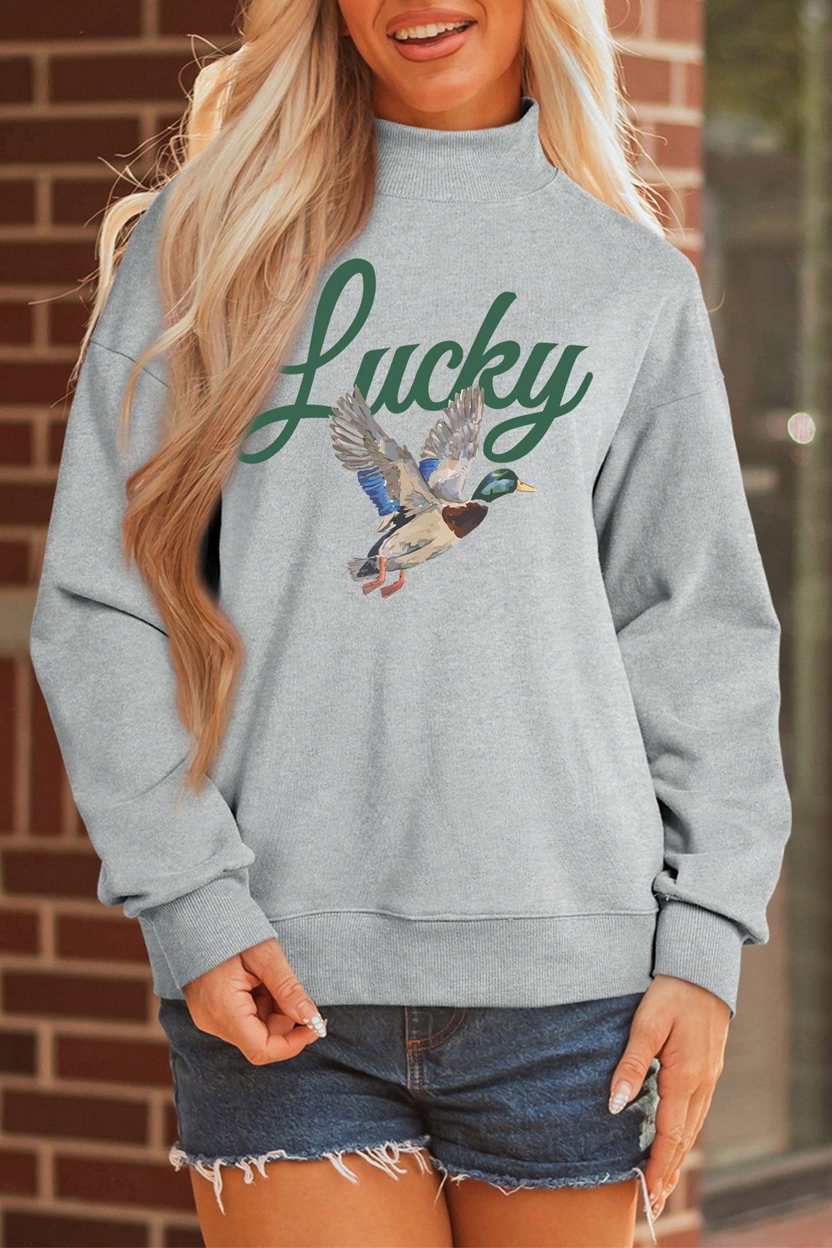 Gray Lucky Mallard Print Mock Neck Casual Pullover Sweatshirt