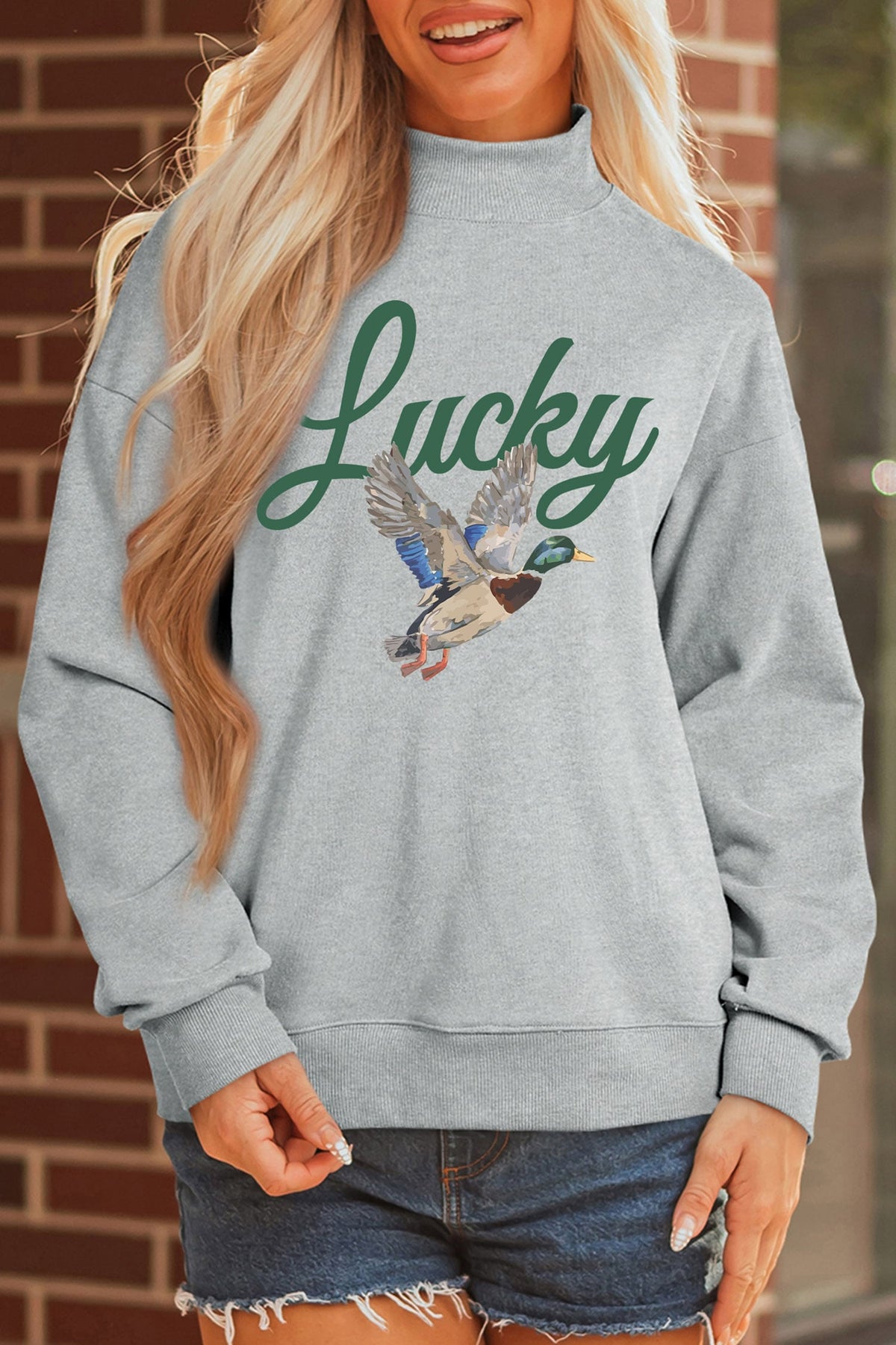 Gray Lucky Mallard Print Mock Neck Casual Pullover Sweatshirt