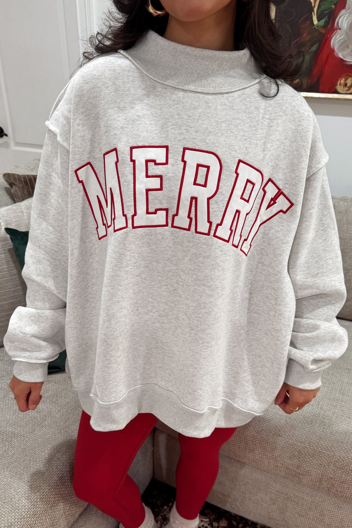 Gray MERRY Embroidered Letter High Neck Tunic Pullover Sweatshirt