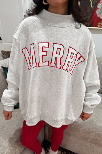 Gray MERRY Embroidered Letter High Neck Tunic Pullover Sweatshirt