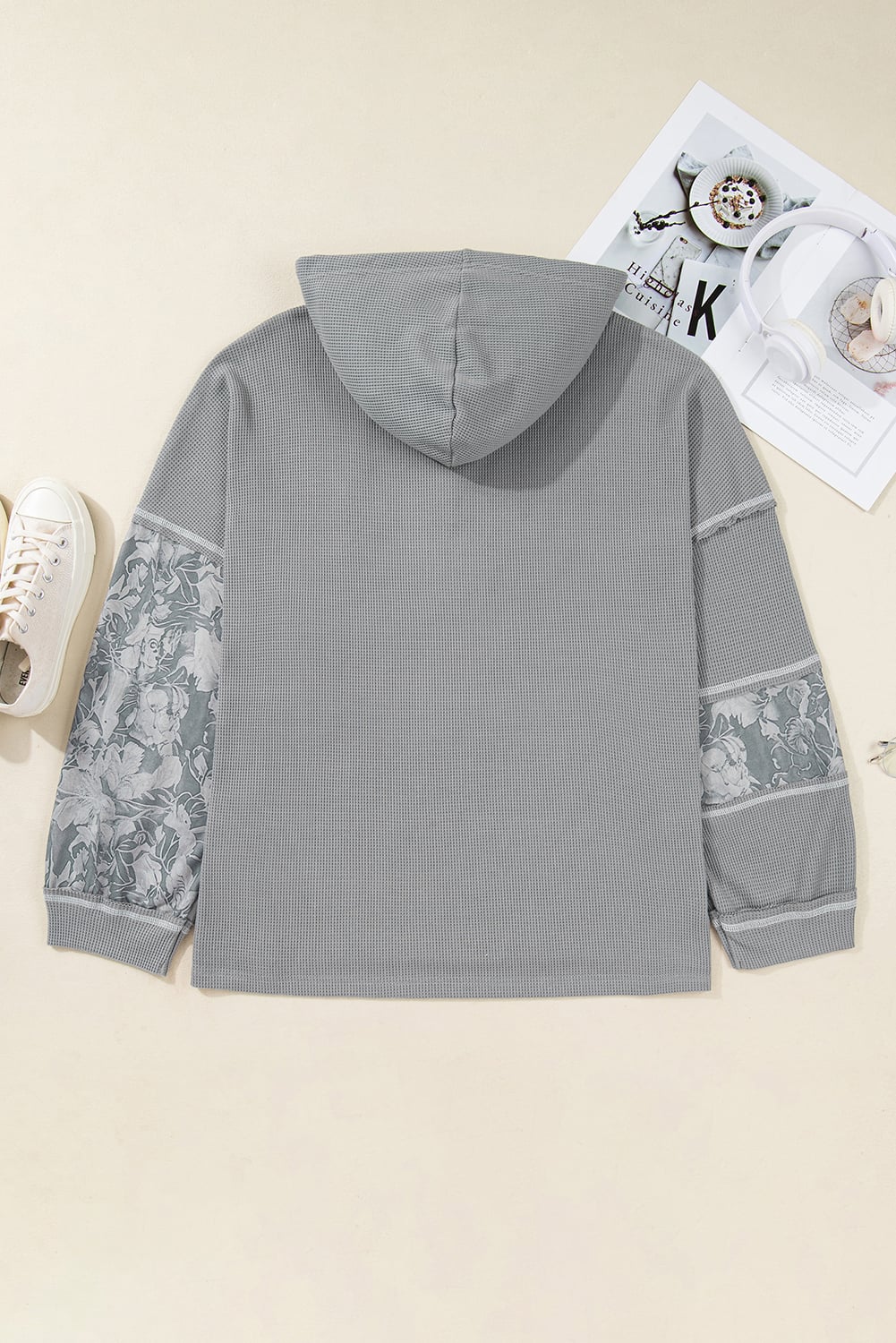 Gray Mixed Pattern Waffle Knit Patchwork Half Buttons Plus Hooded Top