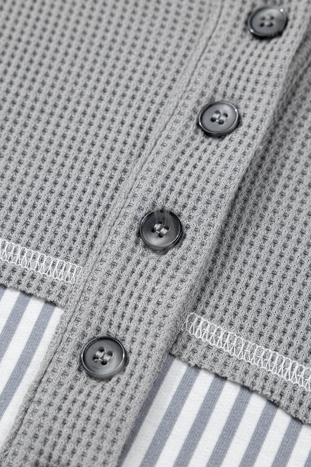 Gray Mixed Pattern Waffle Knit Patchwork Half Buttons Plus Hooded Top