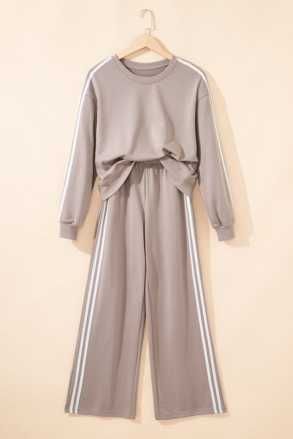Gray Morn Varsity Striped Detail Crewneck Pullover Elastic Sweatpants 2pcs Outfit