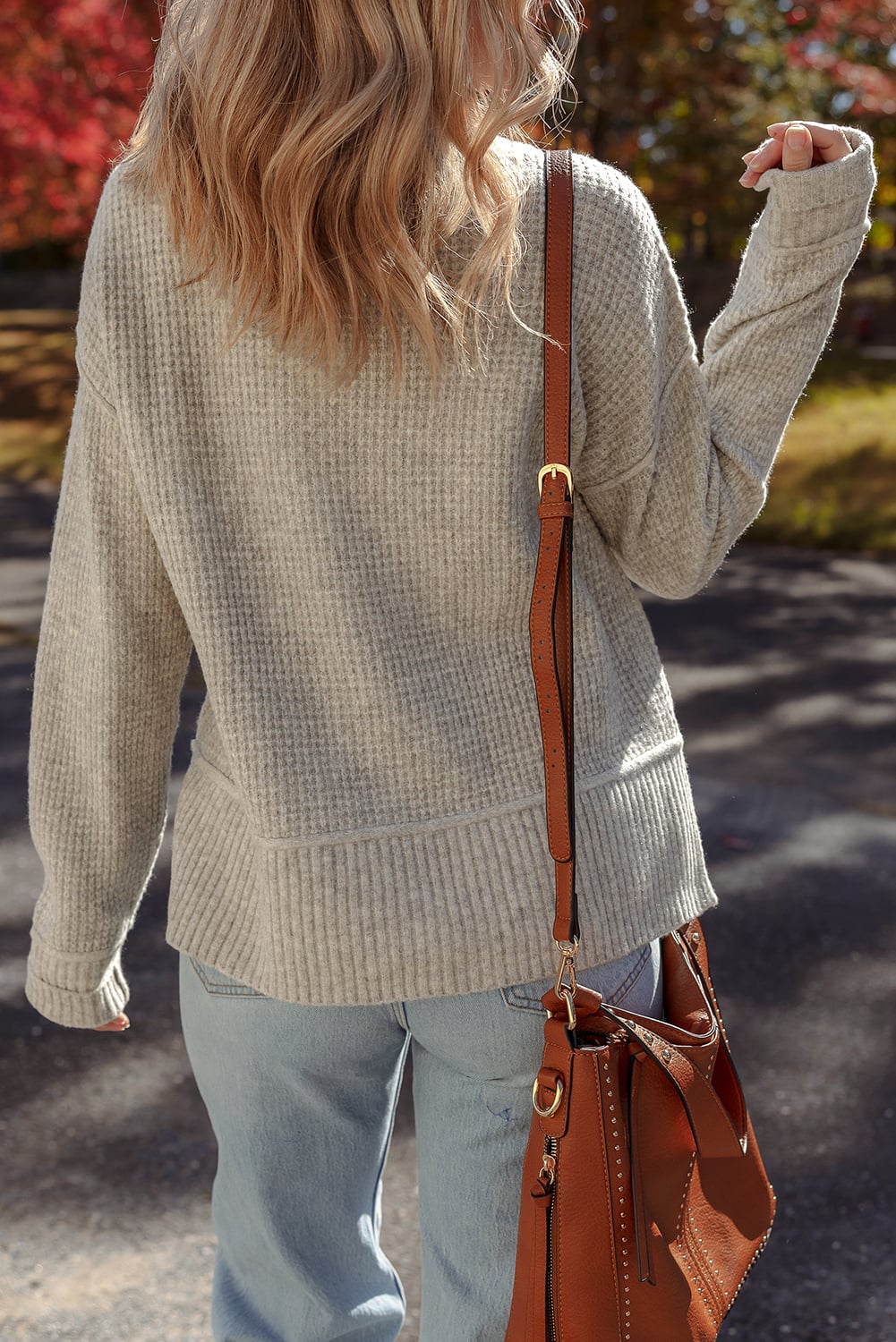 Gray Morn Waffle Texture Knit Ribbed High Neck Drop Shoulder Sweater