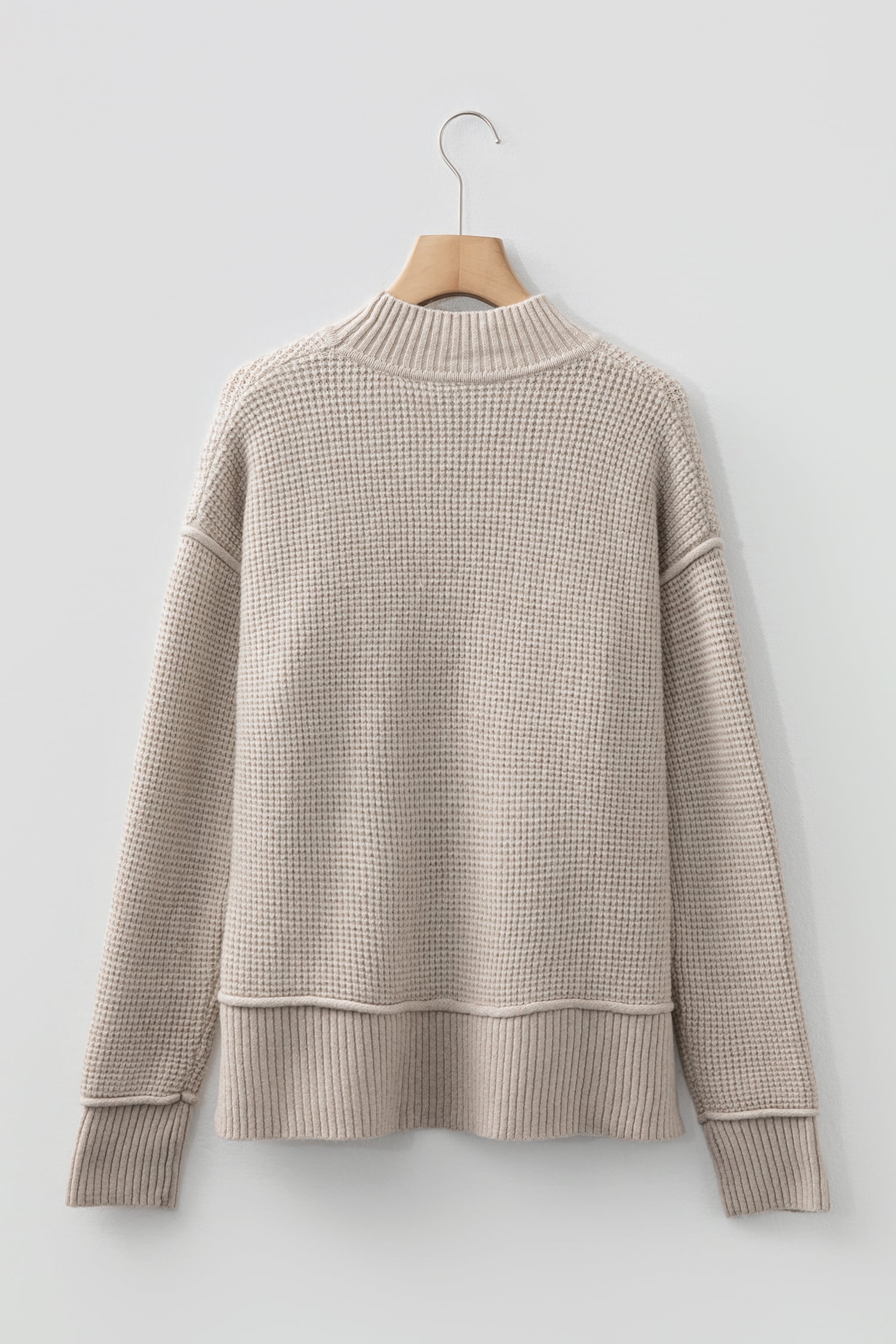 Gray Morn Waffle Texture Knit Ribbed High Neck Drop Shoulder Sweater