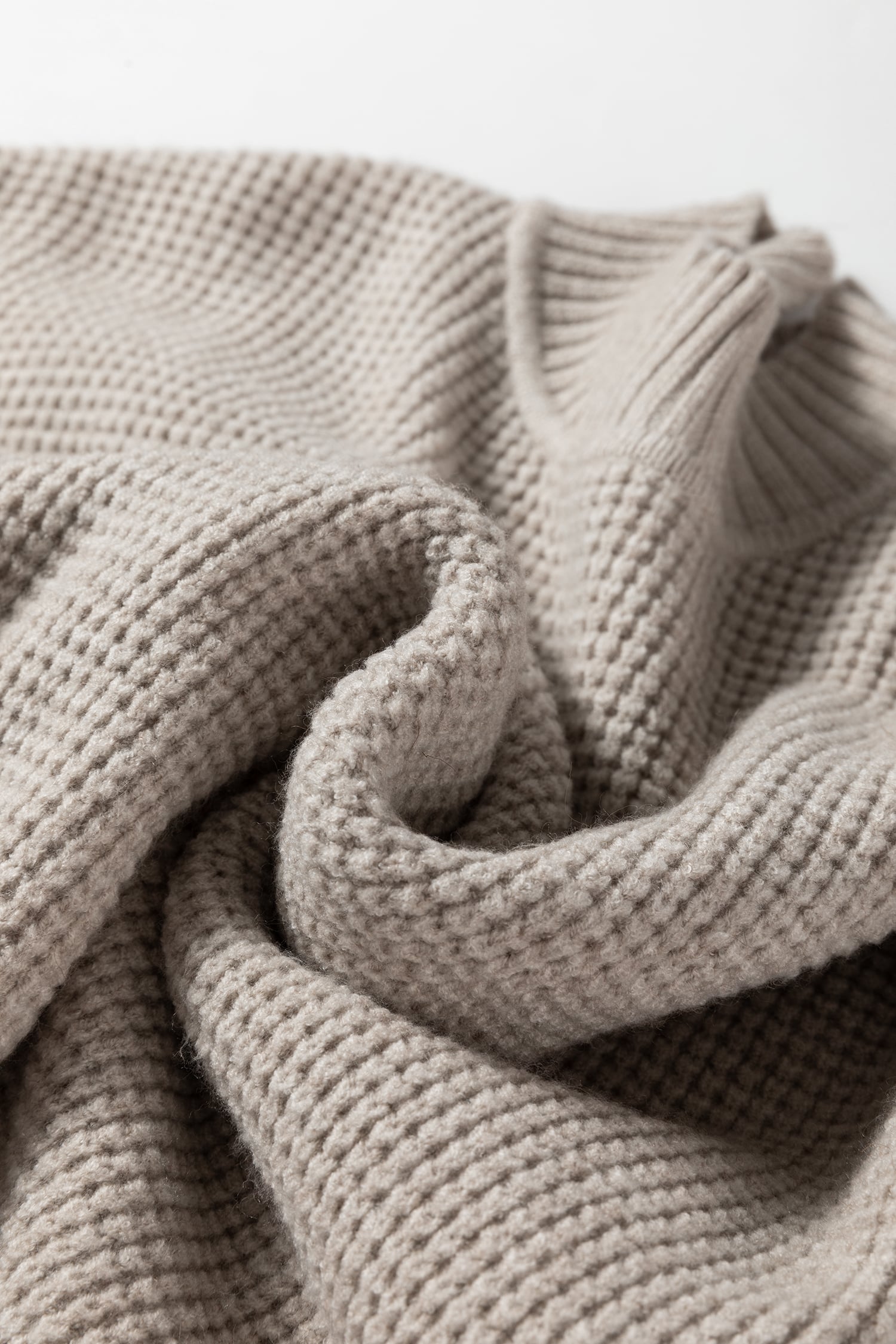 Gray Morn Waffle Texture Knit Ribbed High Neck Drop Shoulder Sweater