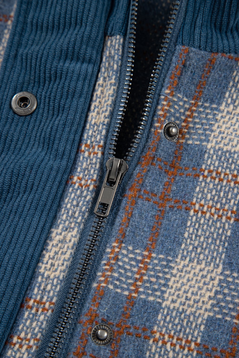 Gray Plaid Corduroy Patchwork Collared Zip Up Snap Button Jacket
