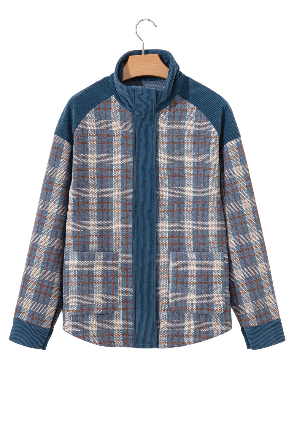 Gray Plaid Corduroy Patchwork Collared Zip Up Snap Button Jacket