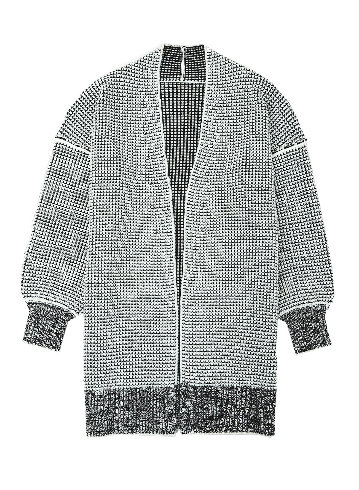 Gray Plaid Knitted Long Open Front Cardigan