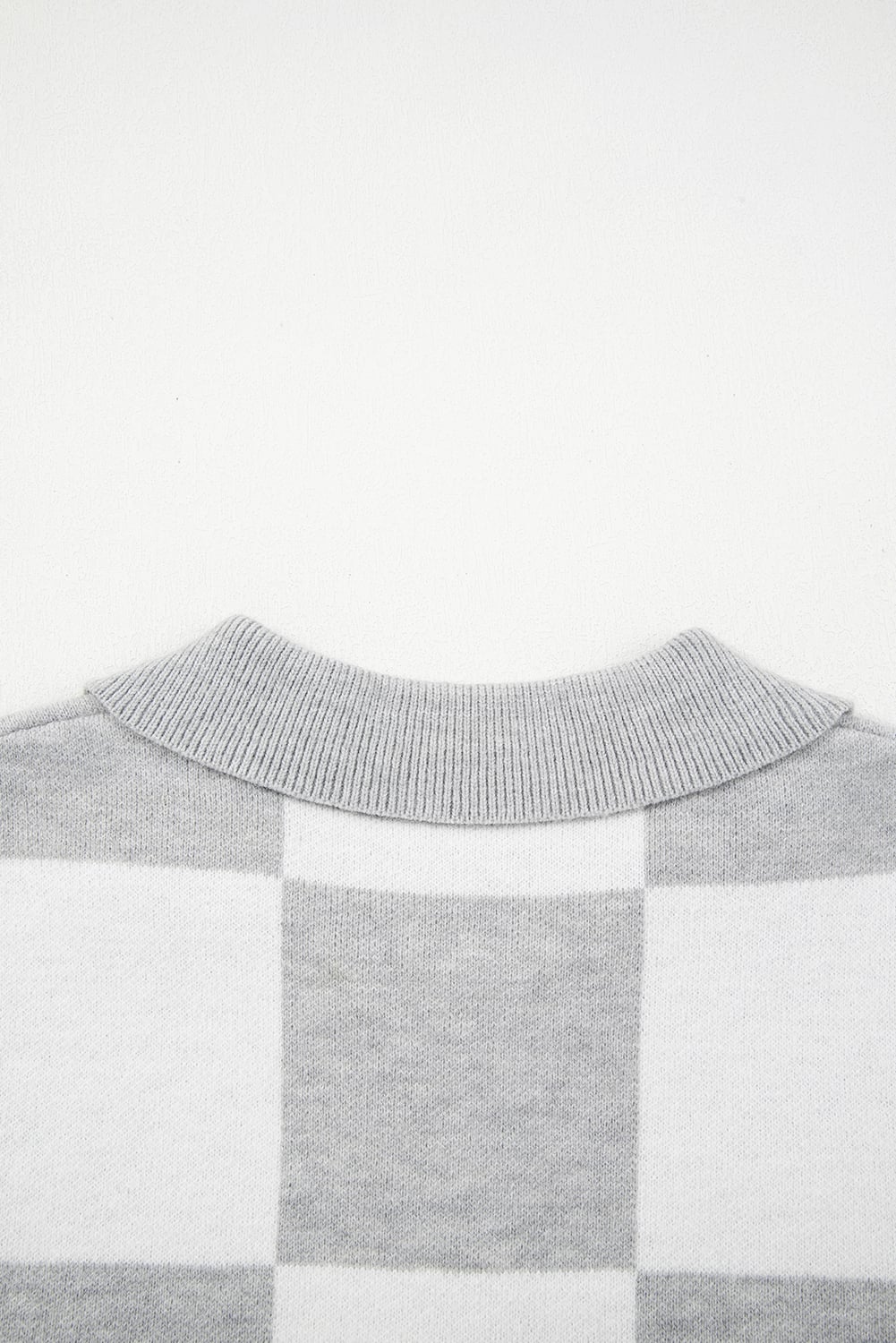 Gray Plus Size Checkered Pattern Button Polo Collar Split Sweater