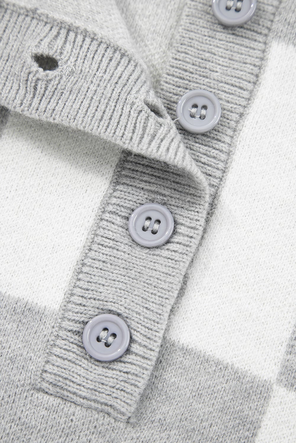 Gray Plus Size Checkered Pattern Button Polo Collar Split Sweater