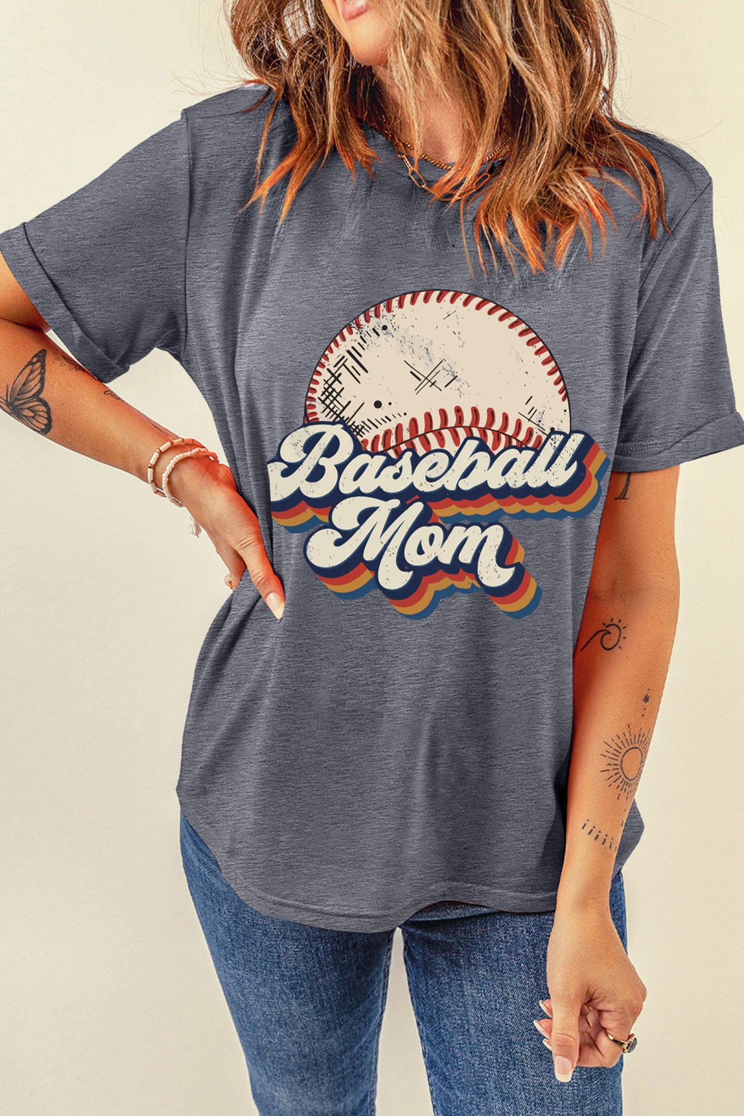 Gray Retro Baseball Mom Printed T Shirt