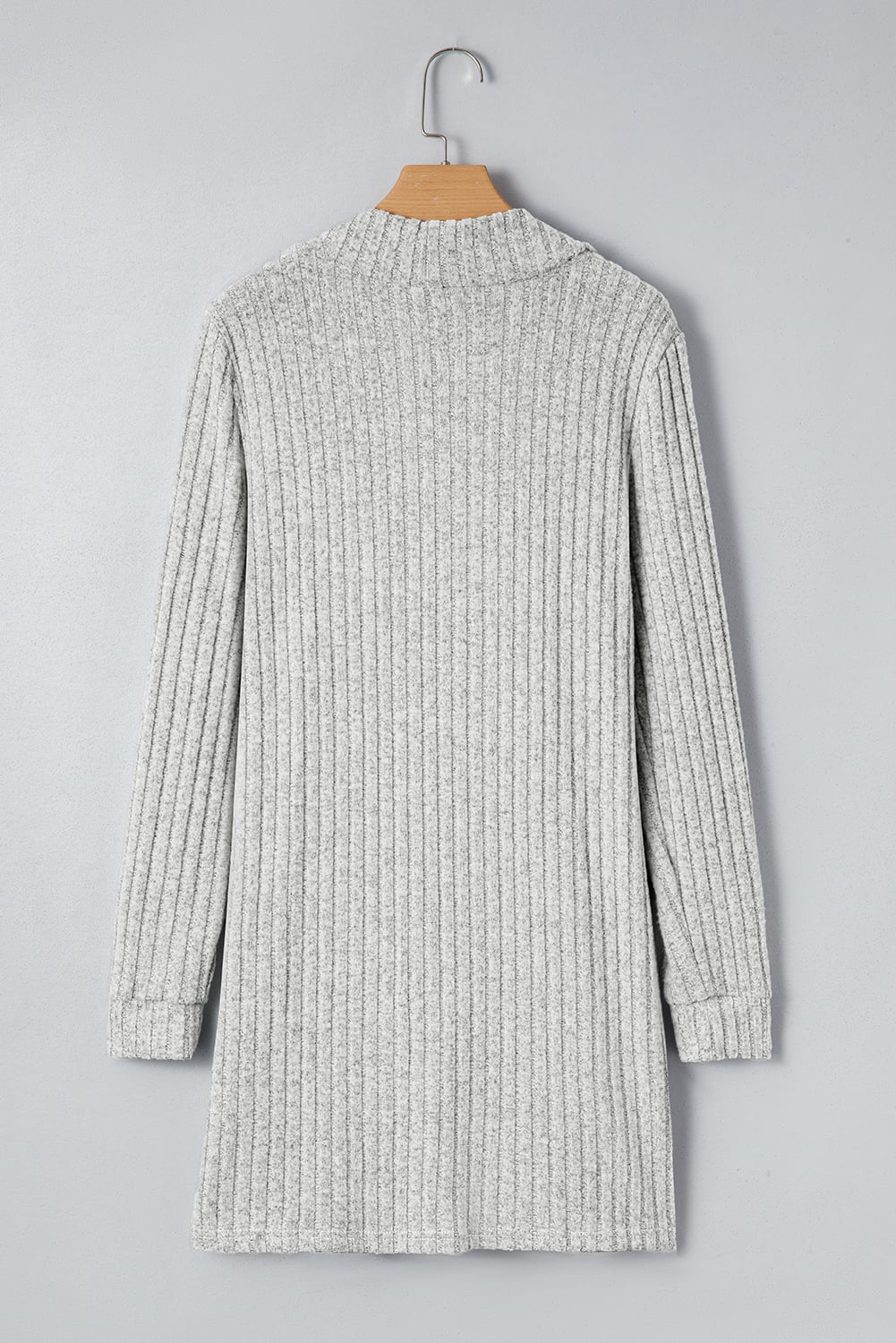 Gray Ribbed Knit Open Front Tunic Cardigan with Pockets