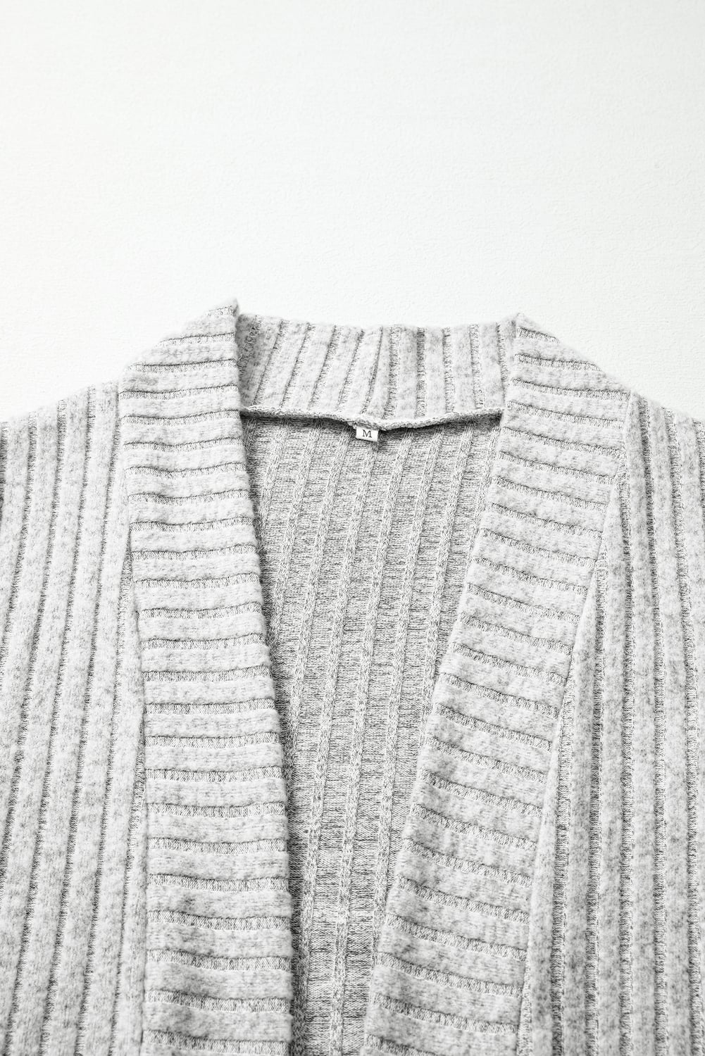 Gray Ribbed Knit Open Front Tunic Cardigan with Pockets