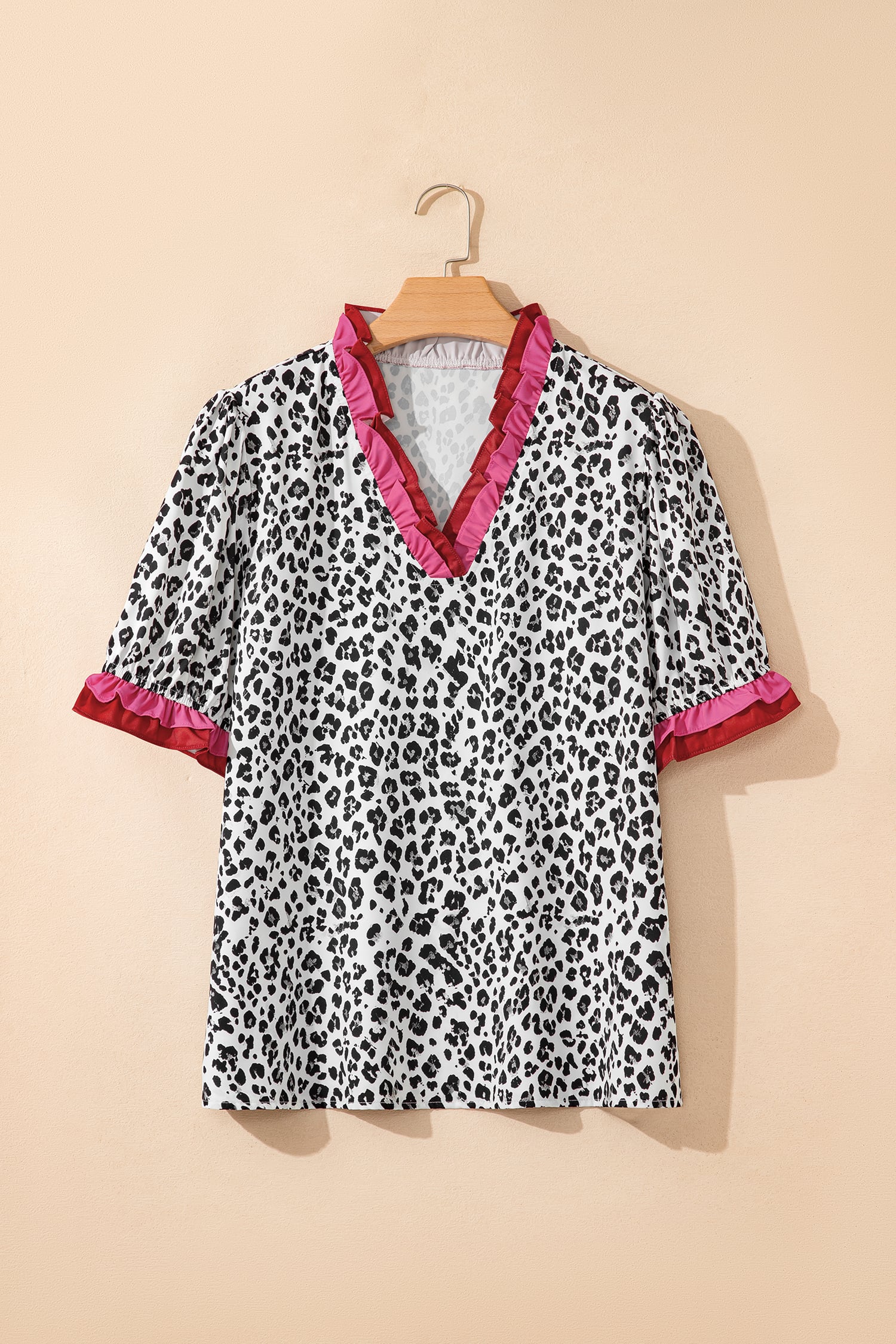 Gray Ruffled Trim V Neck Leopard Print Short Sleeve Blouse