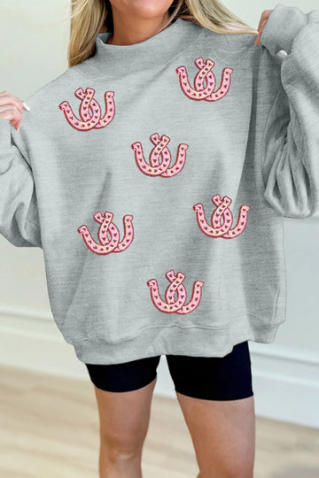 Gray Sequined Horseshoe Graphic Mock Neck Baggy Sweatshirt