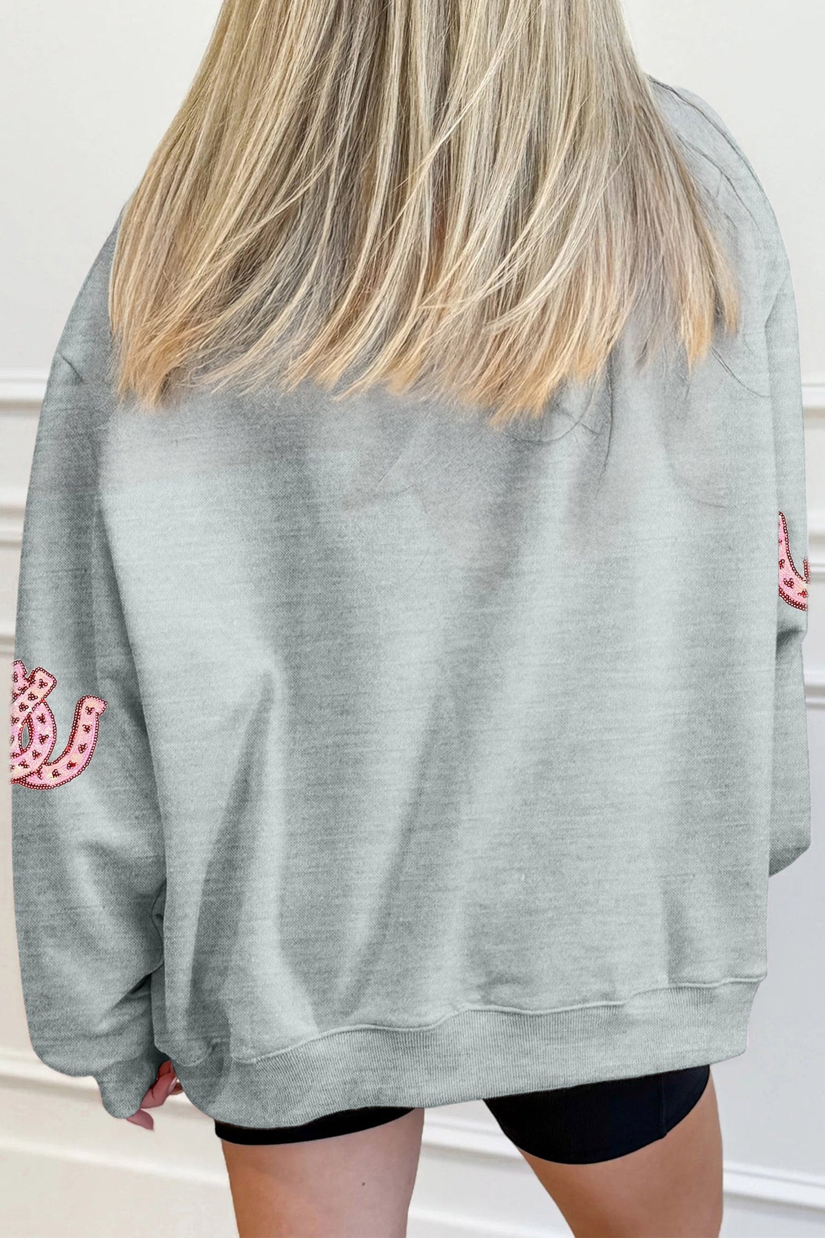 Gray Sequined Horseshoe Graphic Mock Neck Baggy Sweatshirt