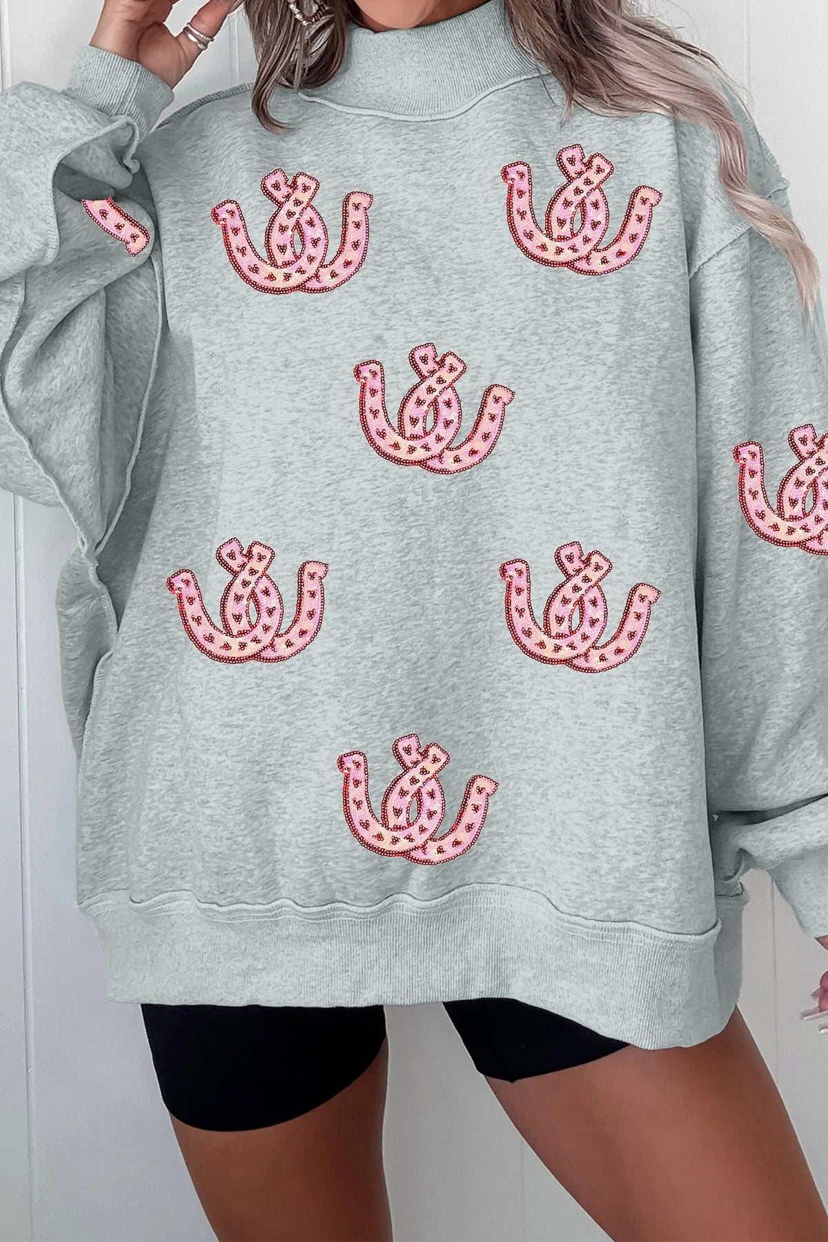 Gray Sequined Horseshoe Graphic Mock Neck Baggy Sweatshirt