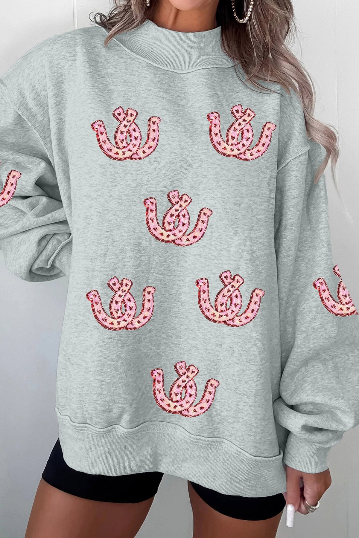 Gray Sequined Horseshoe Graphic Mock Neck Baggy Sweatshirt