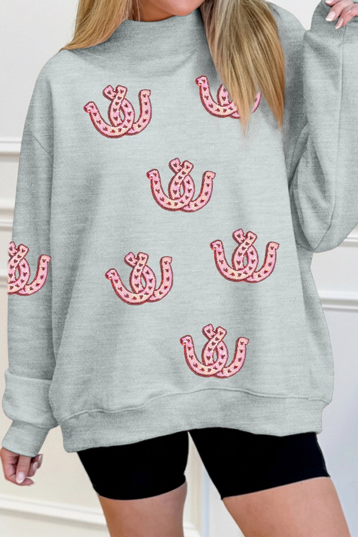 Gray Sequined Horseshoe Graphic Mock Neck Baggy Sweatshirt