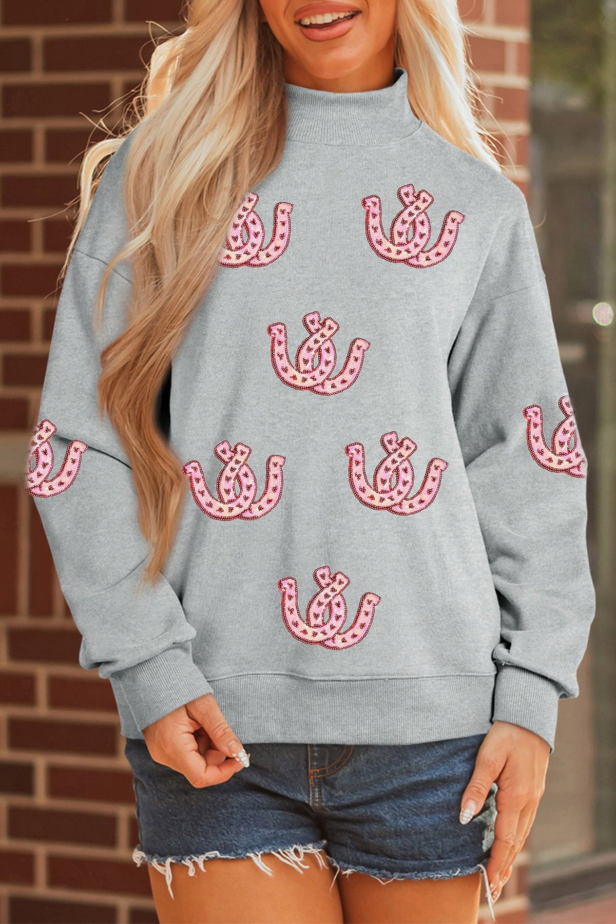 Gray Sequined Horseshoe Graphic Mock Neck Baggy Sweatshirt